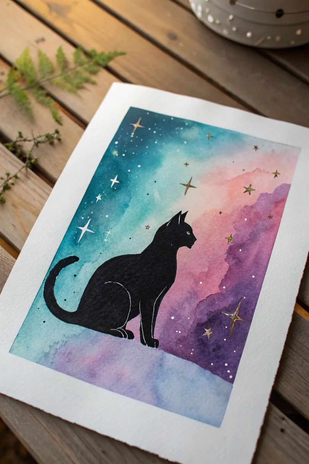 Dreamy galaxy cat silhouette with stardust fur, minimalist and boho, perfect to paint