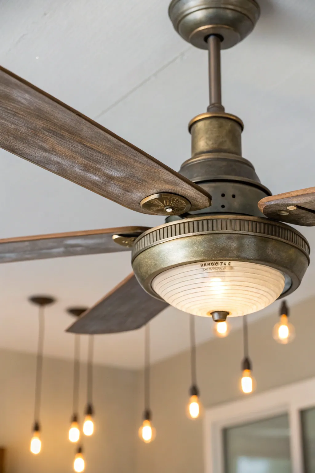 Aged metallic ceiling fan motor housing detail with warm glow and clean minimalist contrast