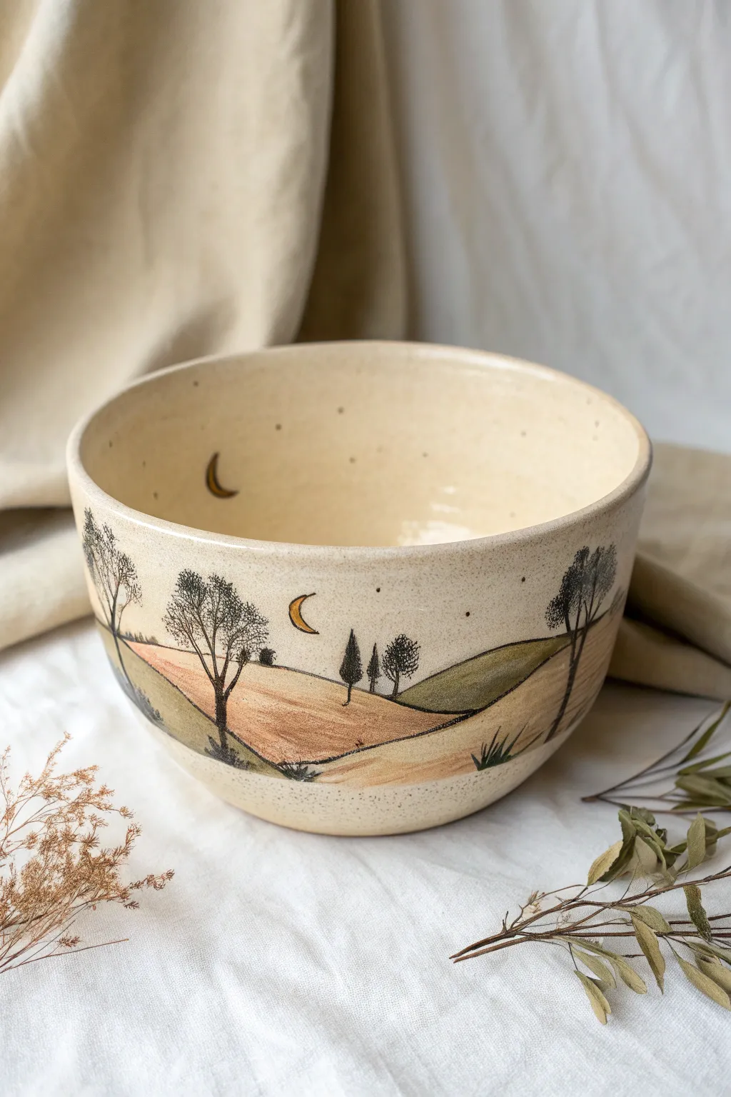 Mini landscape story wraps around this bowl, shown from two angles for painting inspiration.