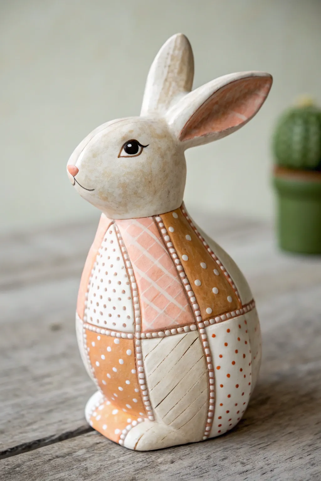 Patchwork pattern blocks on a ceramic bunny, styled with soft Nordic boho swatches.