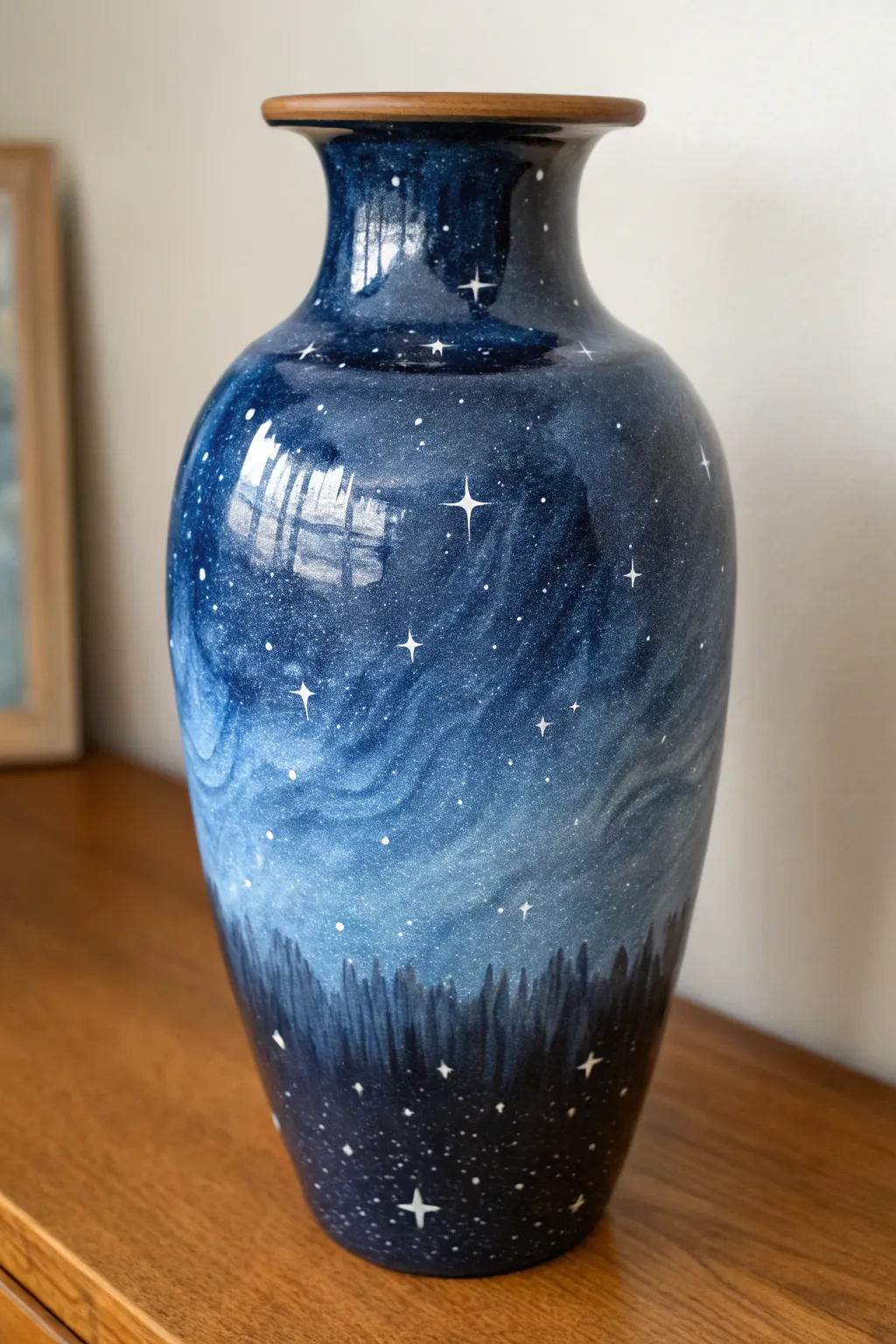 Celestial night-sky vase with blended deep tones and delicate star splatter, crisp and minimal