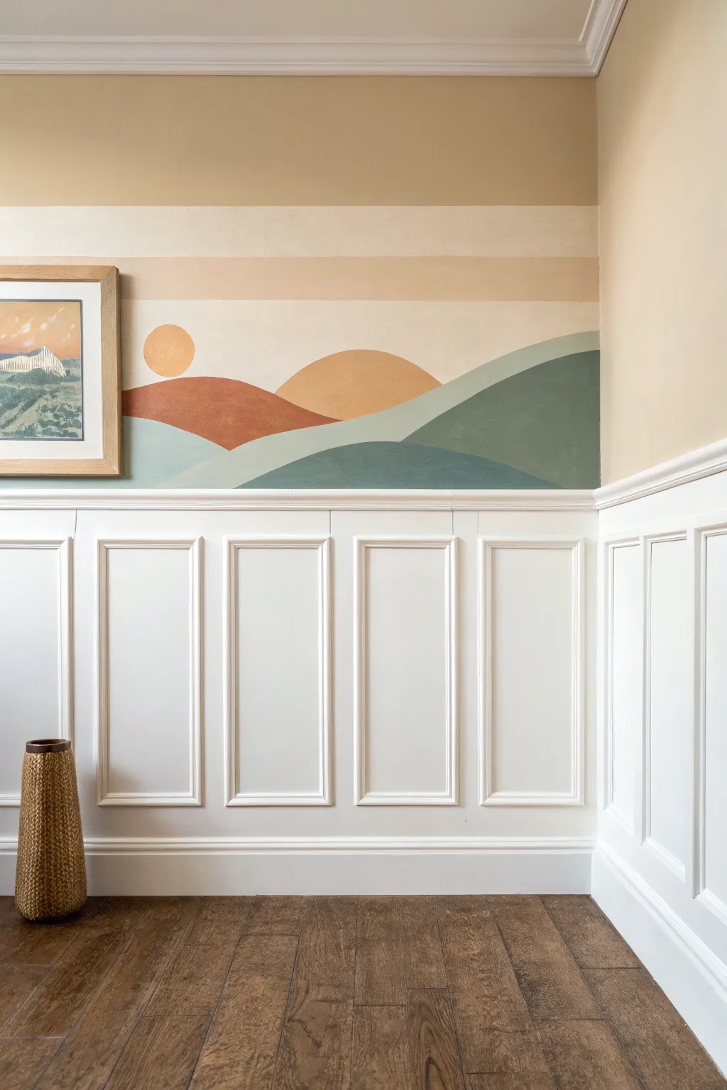 Chair rail as a frame for a soft mini mural panel, minimalist with a hint of boho tones