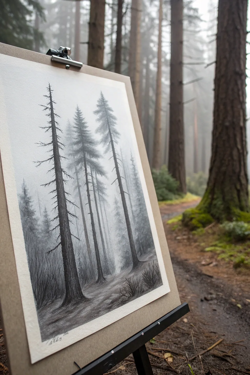 Foggy forest in chalk pastels with dusty mist and crisp dark trunks fading into haze.