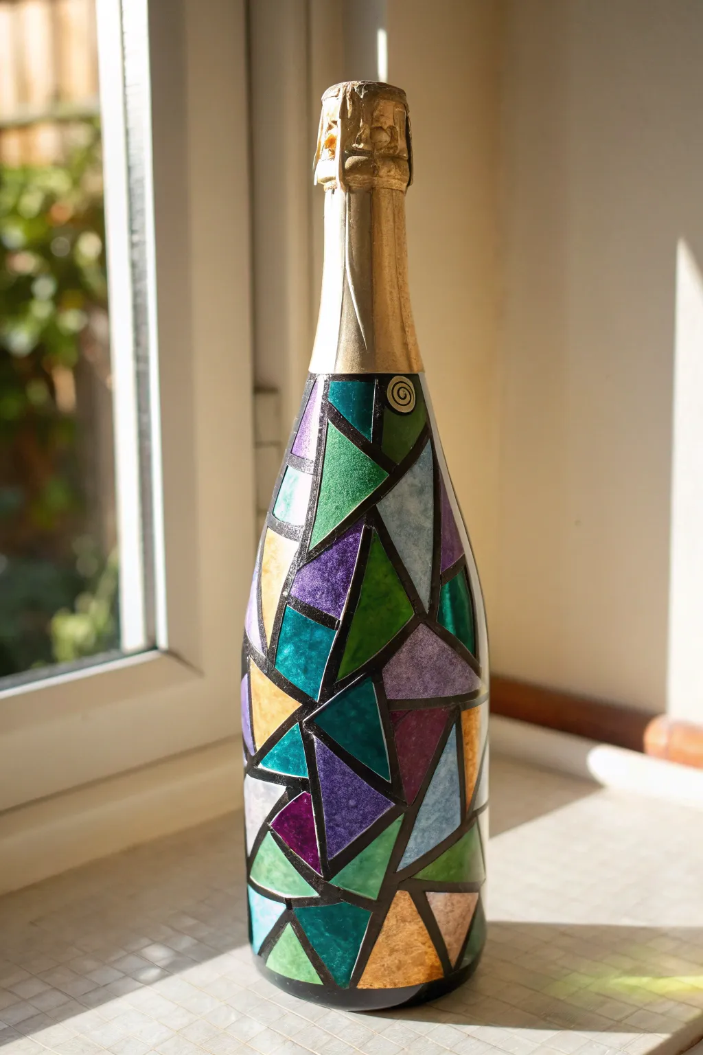 Faux stained-glass mosaic champagne bottle in jewel tones, crisp leading lines, minimalist backdrop
