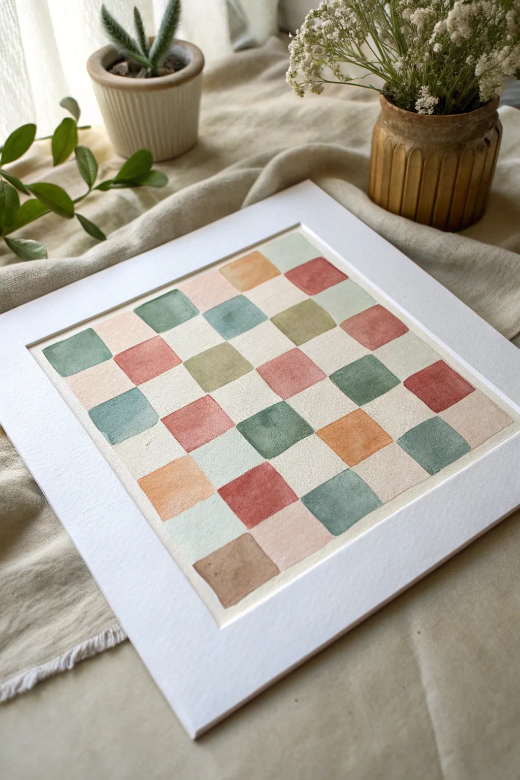 Layered glaze checkerboard: translucent color overlaps for a soft, luminous grid.