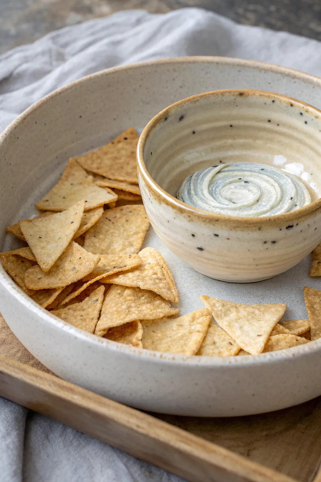 Hand painted glossy dip illusion makes a simple chip and dip bowl look irresistibly real.