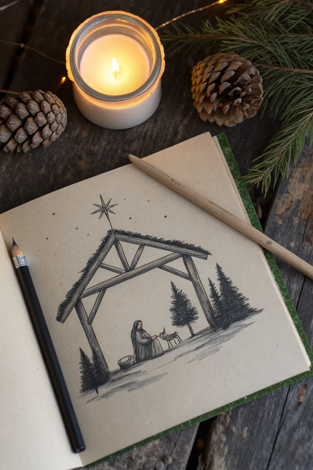 Nativity stable sketch with soft candlelight and deep chiaroscuro shadows for realistic Christmas drawing