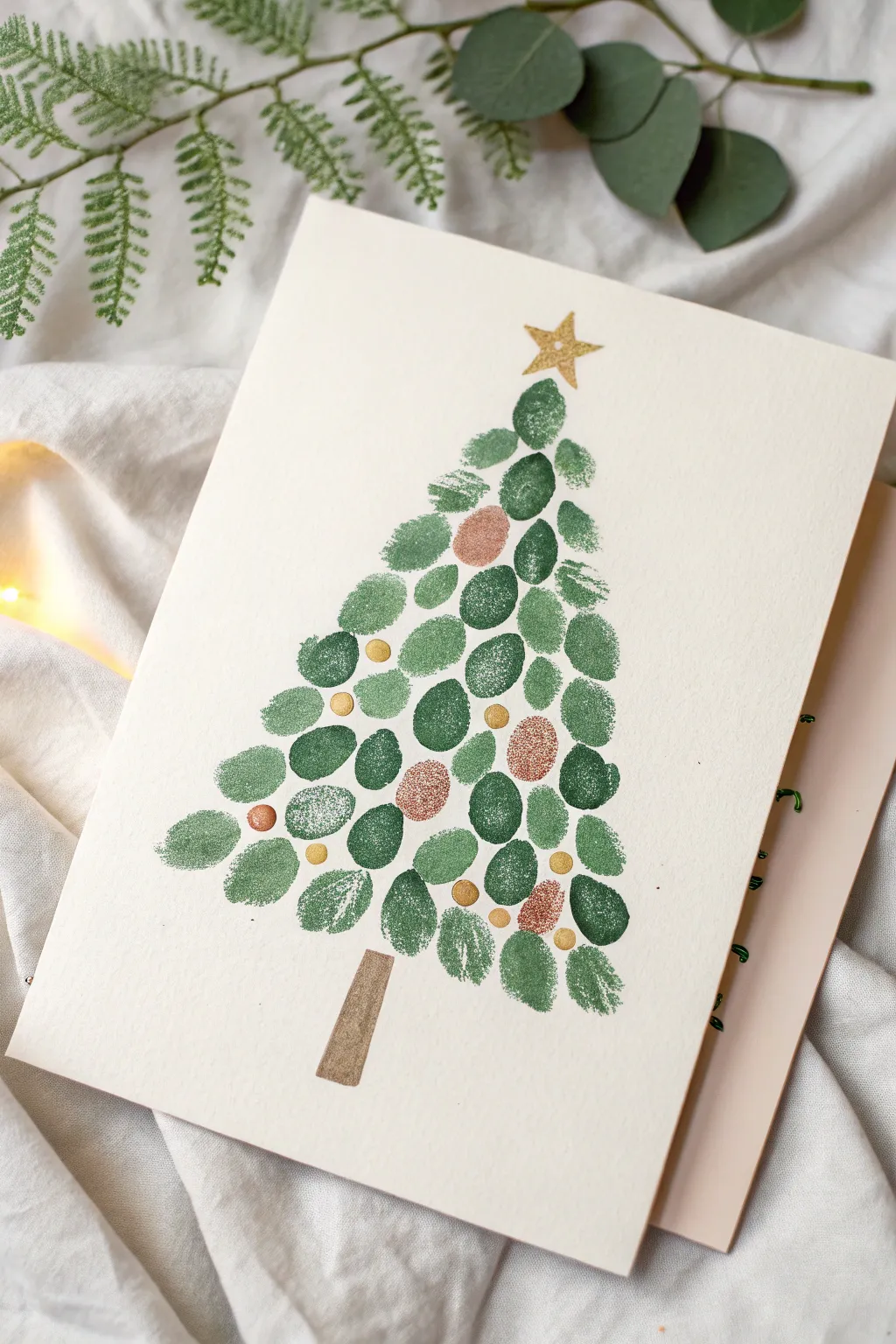 Minimal fingerprint Christmas tree keepsake card, perfect for a family holiday craft session.