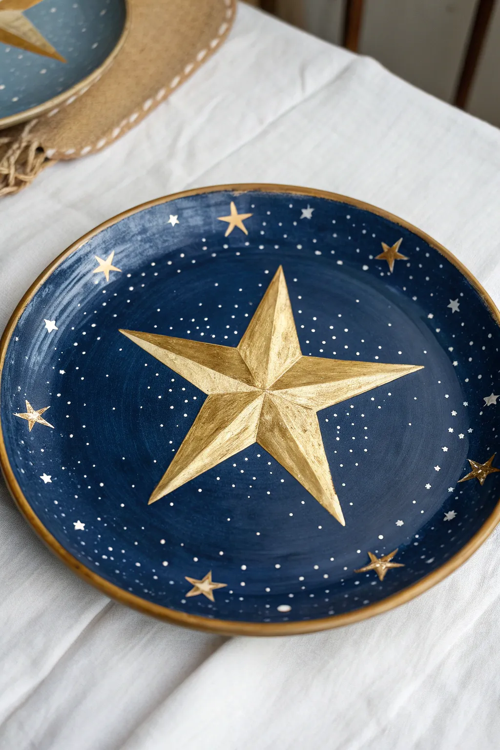 Paint a deep navy sky plate with scattered stars and one shining gold star centerpiece.