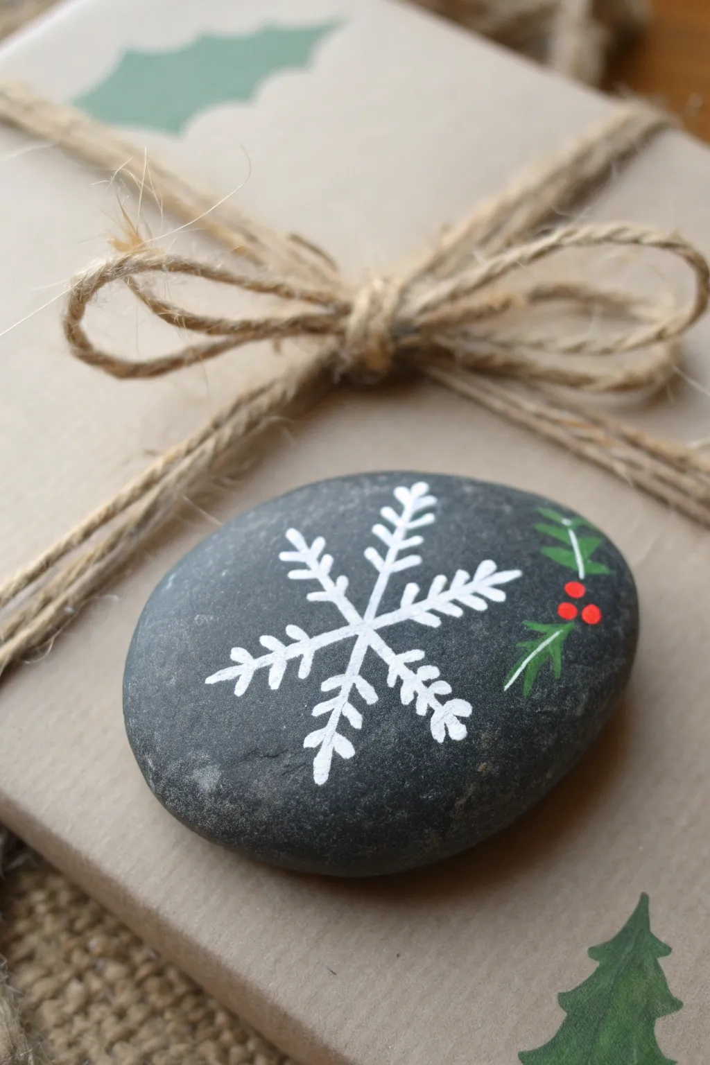 Mini painted Christmas rock tag tied with twine, a simple handmade touch for gifts and tables.