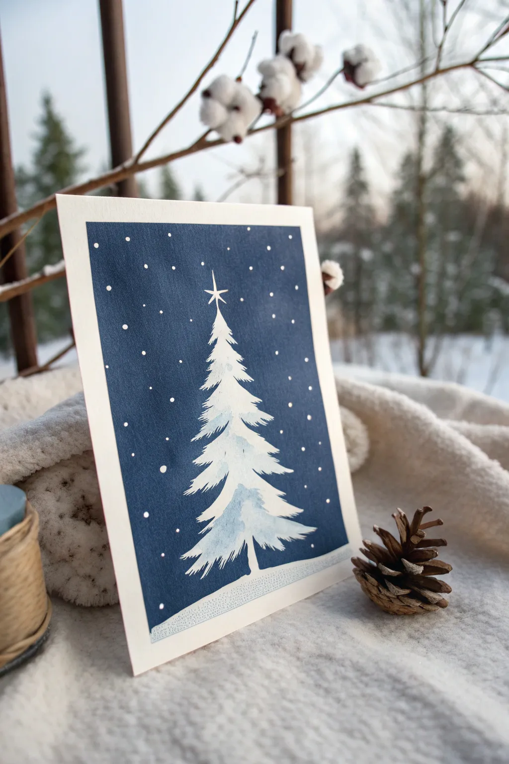 Dark winter wash with a crisp negative space tree shaped by falling snow dots and airy gaps.