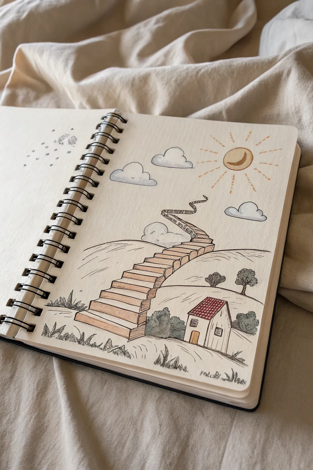 College journey metaphor: a winding book staircase rising to a tiny campus in calm minimalist style