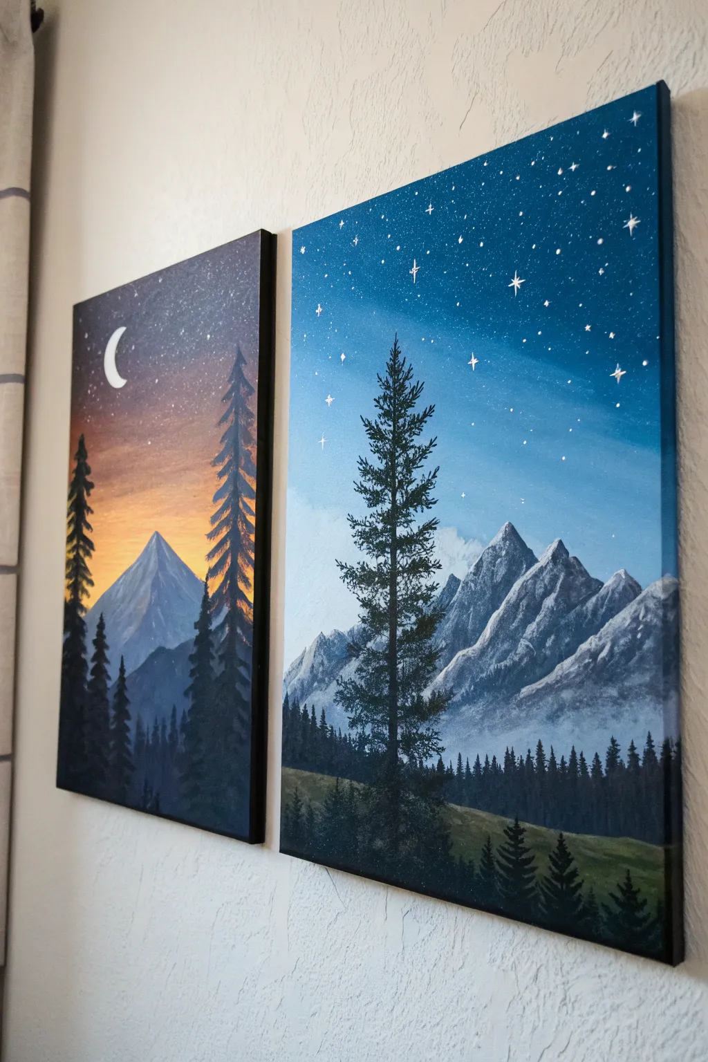 Split-canvas diptych: mirrored mountains in day and night, minimalist wall-art painting idea.