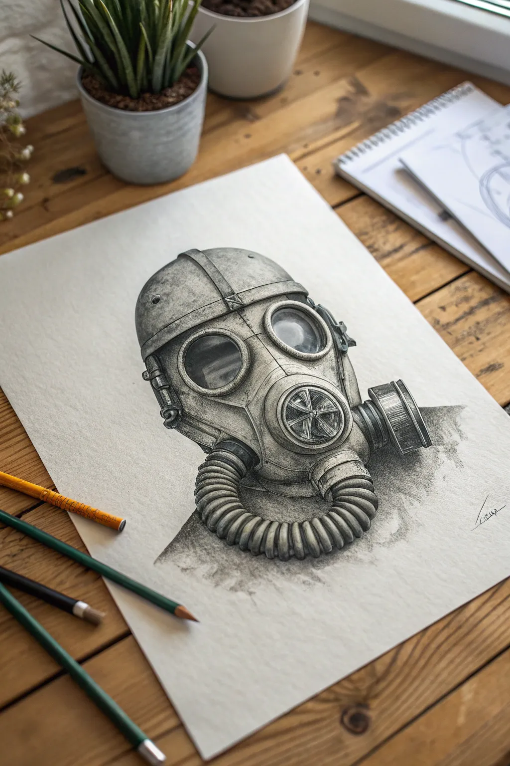 Capture the grit of a dystopian future with this detailed gas mask sketch inspiration.