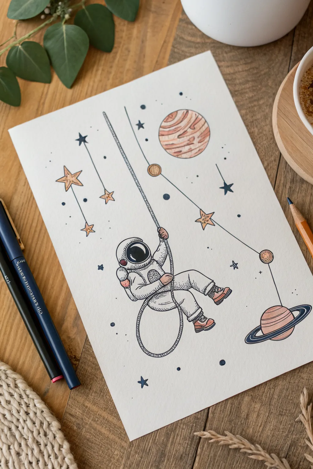 A playful astronaut swing from planet rings in minimalist boho line and watercolor