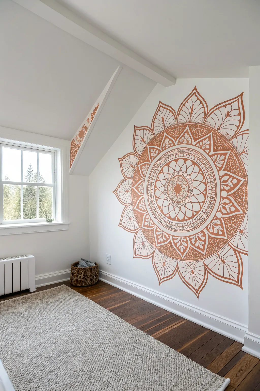 A bold two-tone mandala centered on the corner seam for a crisp, radiant wall statement
