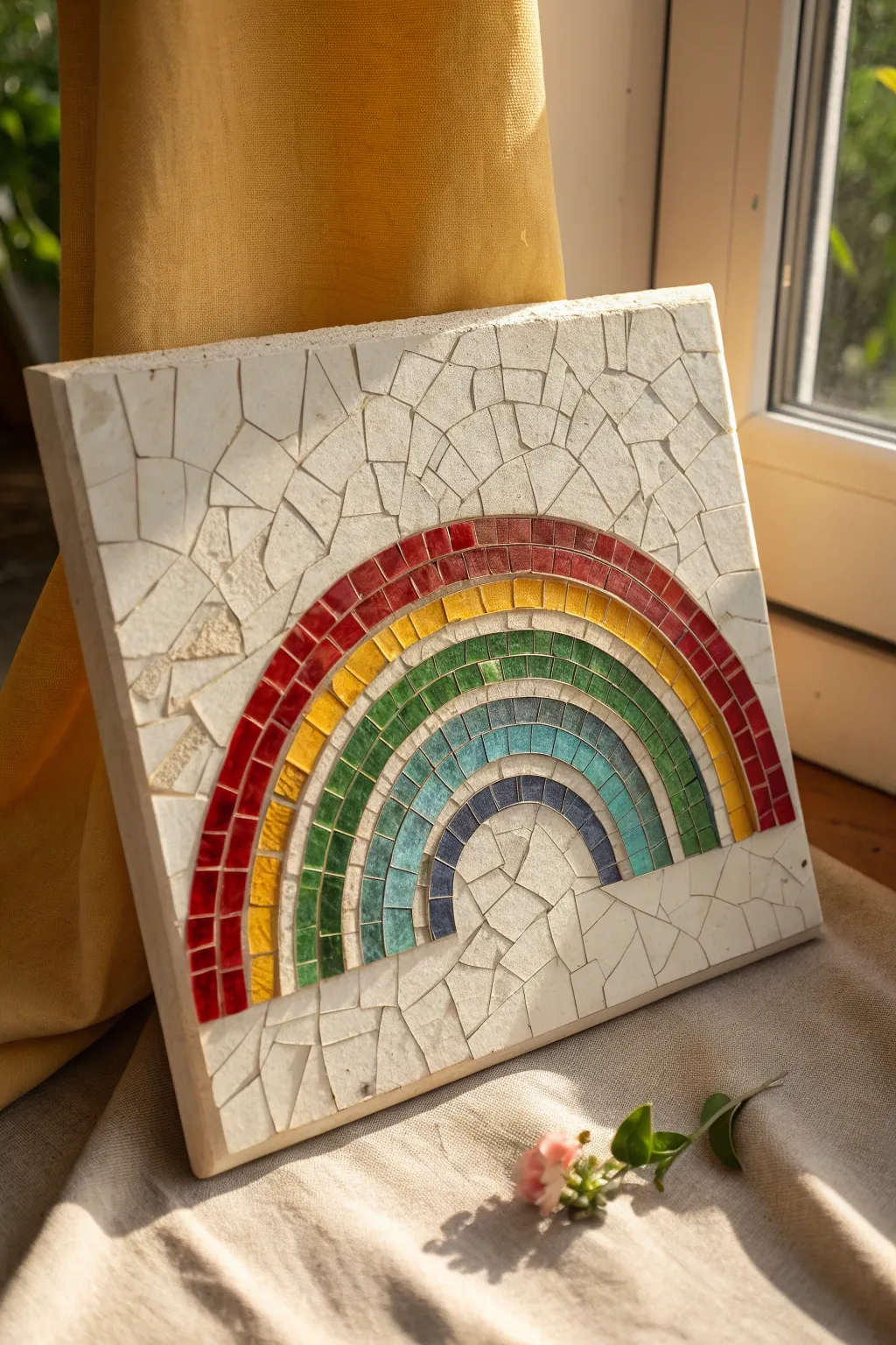 Broken-tile rainbow mosaic with fine grout lines and tiny cracks for a handmade, modern feel.