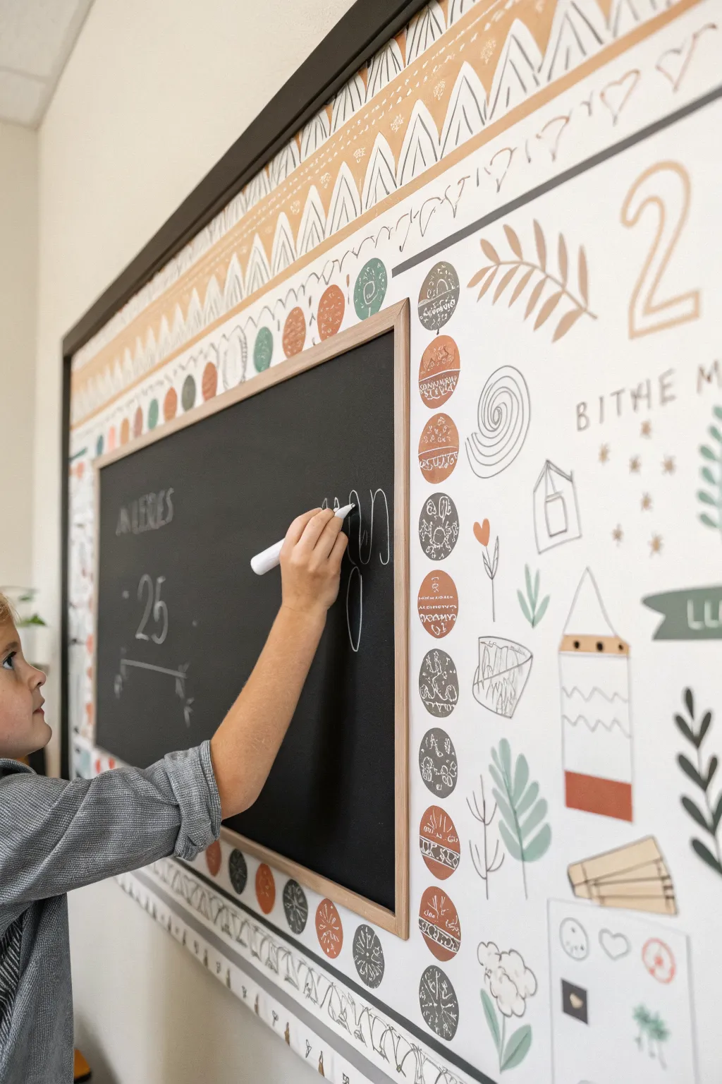 A minimalist chalk strip mural frame with a student hand adding simple doodles for daily prompts