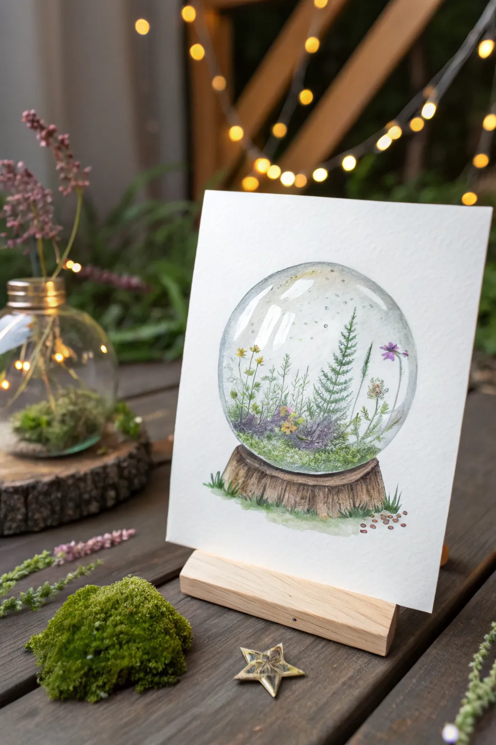 Dreamy crystal ball doodle with a tiny garden inside, minimal boho vibes for your sketchbook.