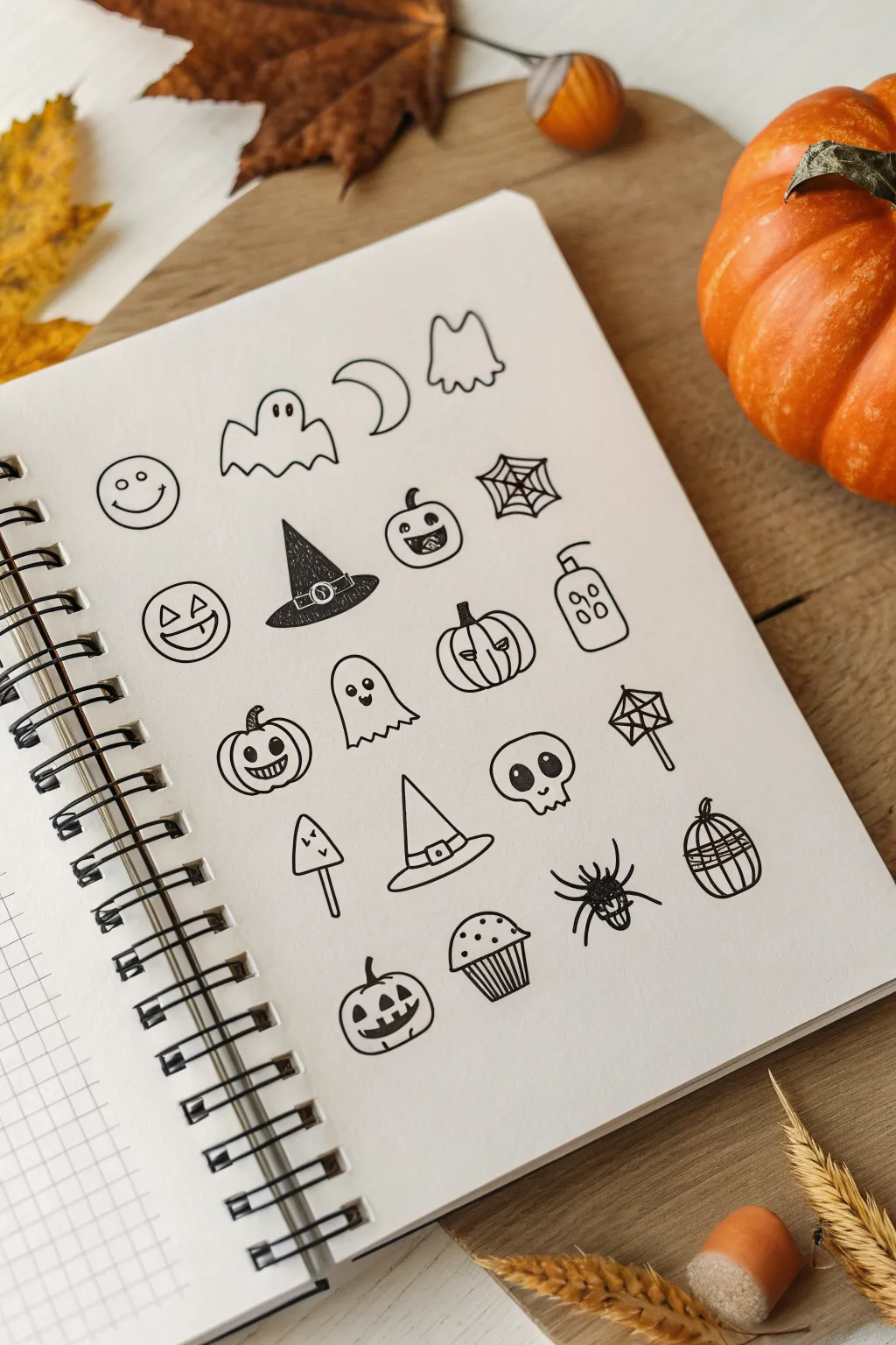 Simple bold-outline Halloween doodle grid to copy: ghost, pumpkin, bat, candy corn and more