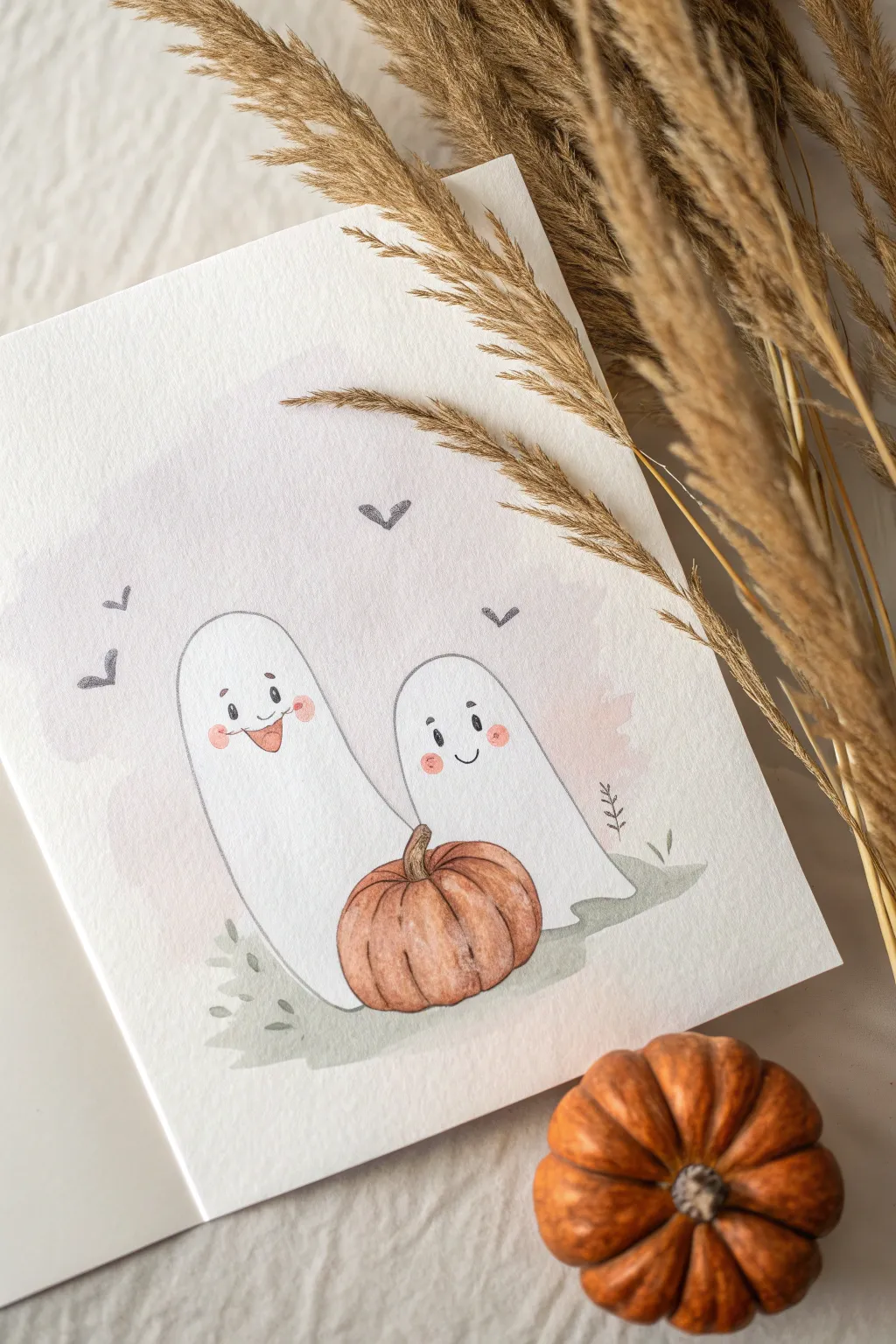 Sweet smiling ghosts floating above pumpkins, a cozy minimalist fall watercolor painting idea