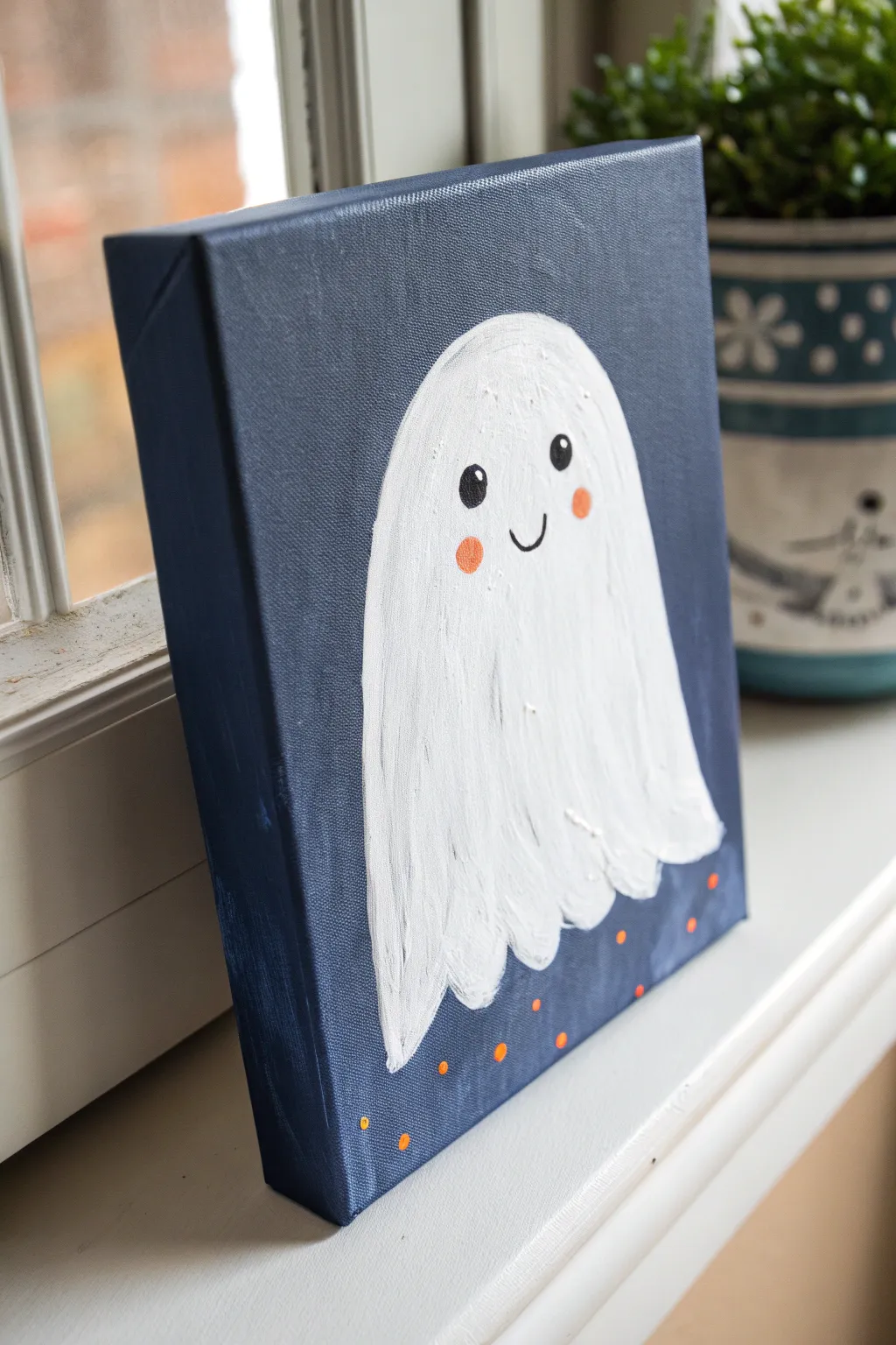 Textured acrylic ghost in bold impasto strokes, set on a deep navy for crisp contrast.