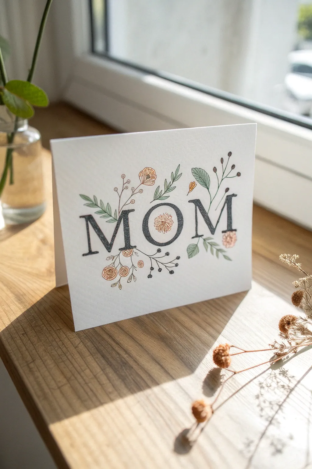 Cute Mothers Day card idea: bold Mom brush lettering with tiny floral doodles as shadows