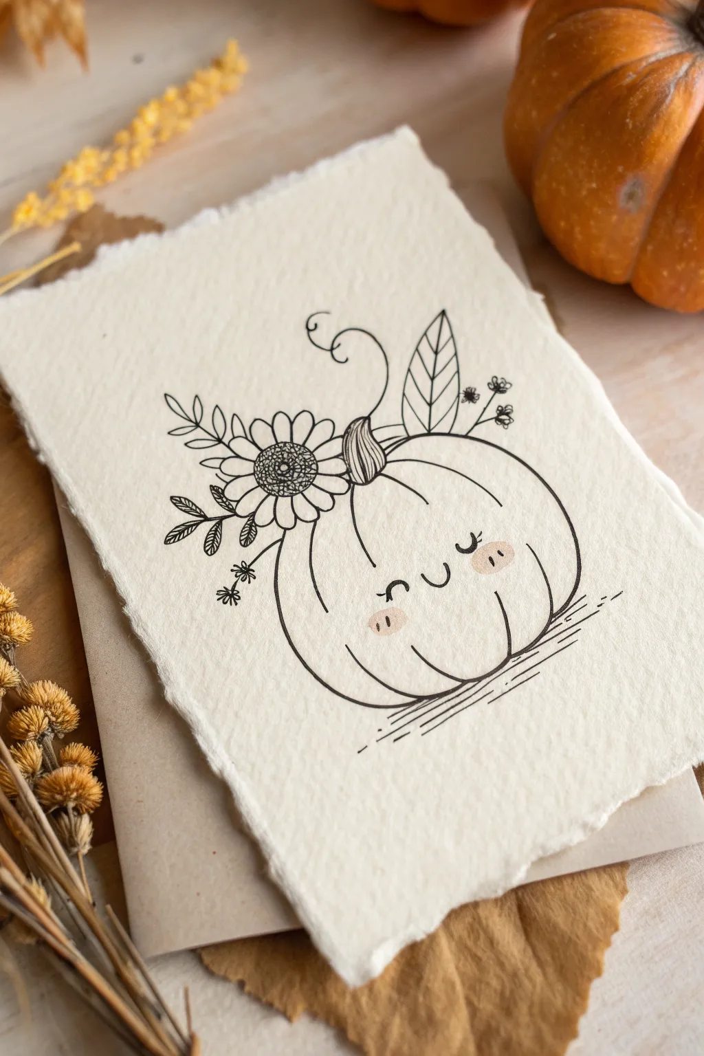 Sweet pumpkin with a floral crown, minimalist linework and soft boho botanicals to copy