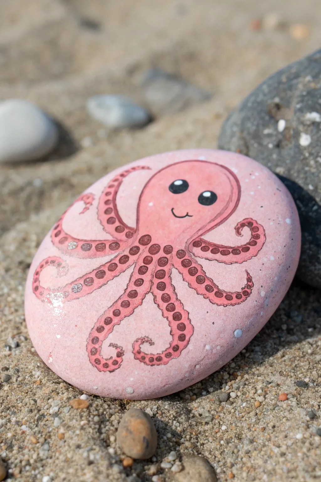 Crosshatched octopus rock with sweet curled tentacles on soft sand and shells