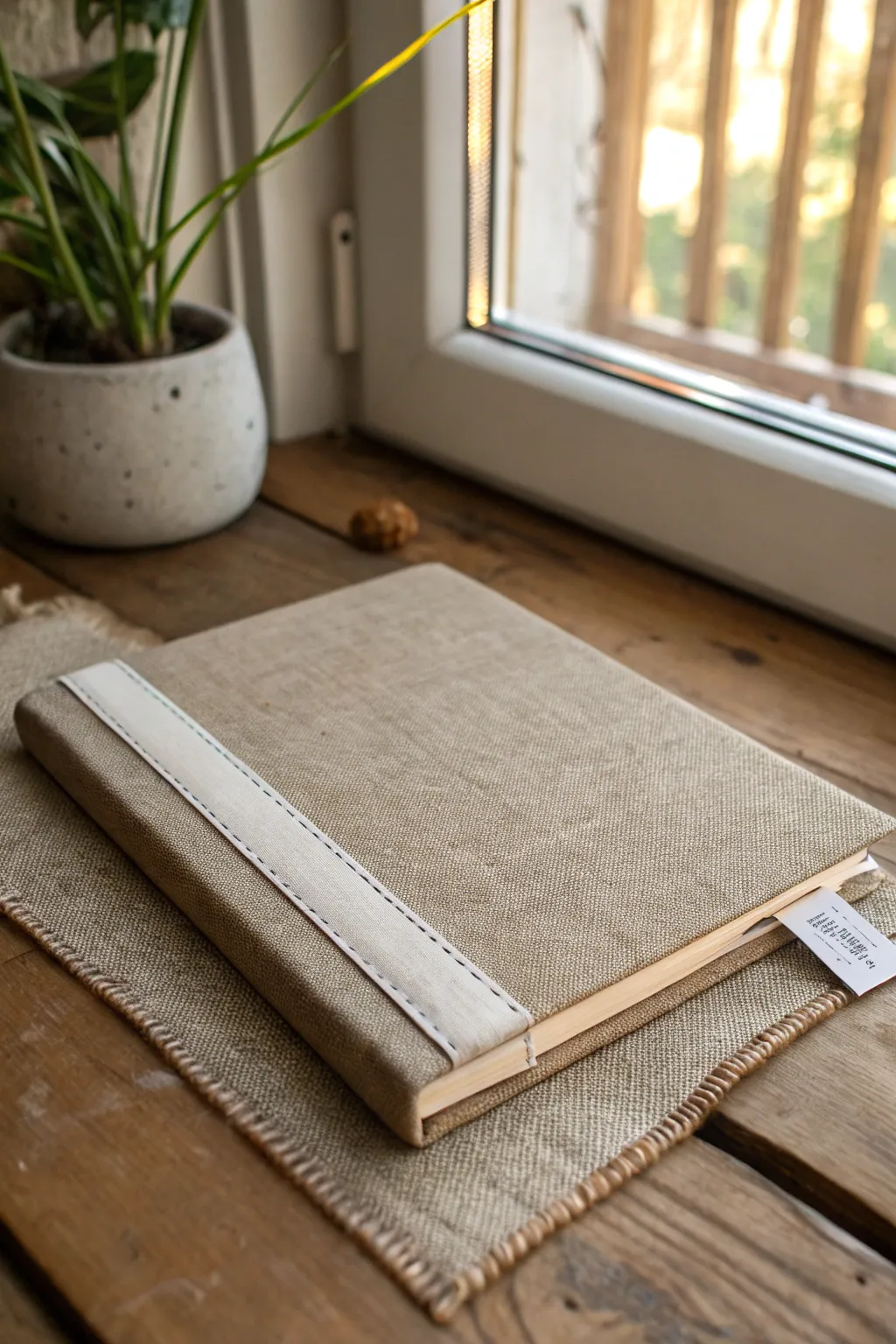 Cozy sketchbook cover with a fabric swatch panel and craft tools, minimalist boho vibes