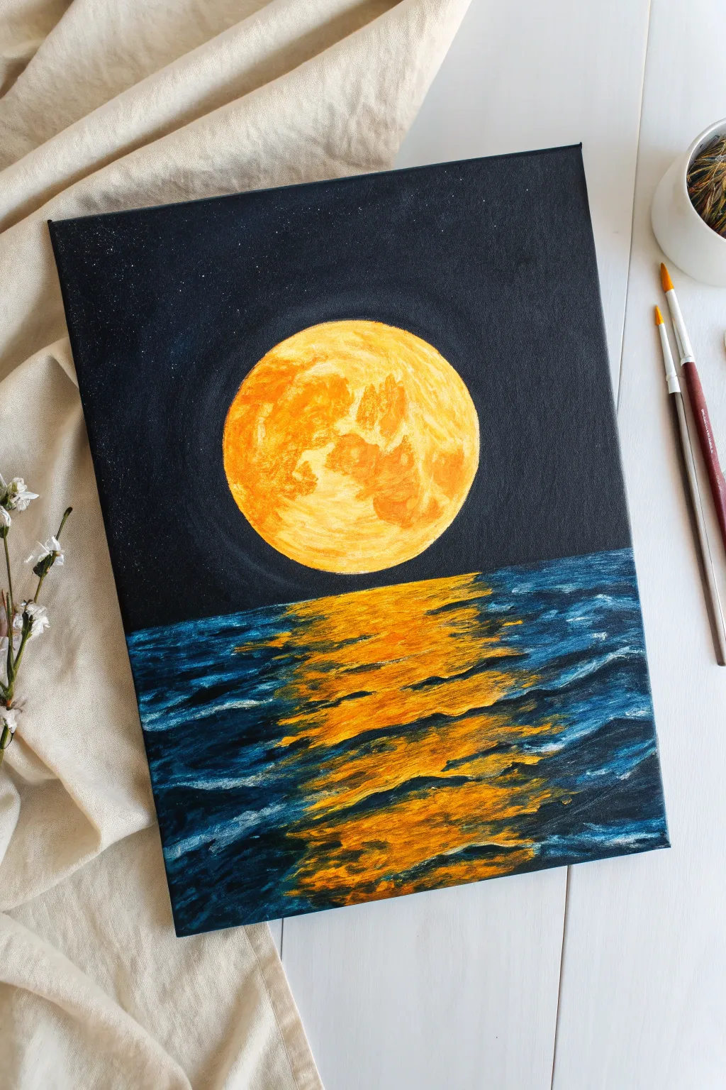 Capture the magic of a summer evening with this stunning moonlit reflection art.