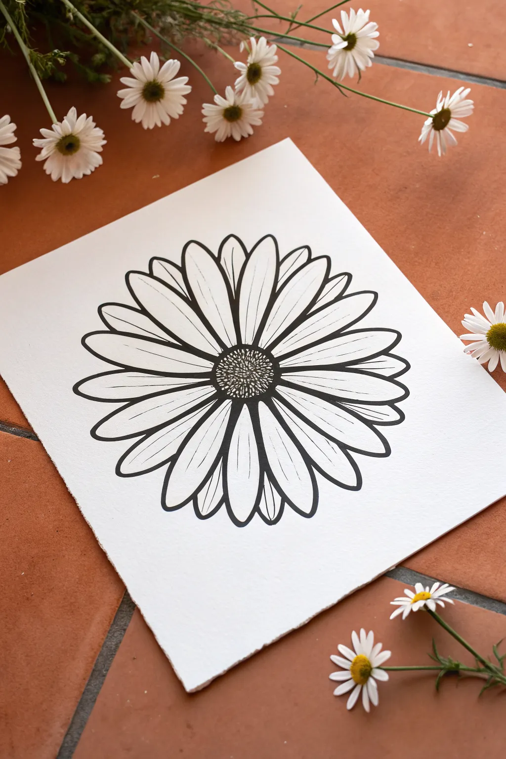 Bold black outlines make this simple daisy pop against a flat bright backdrop, easy to recreate.
