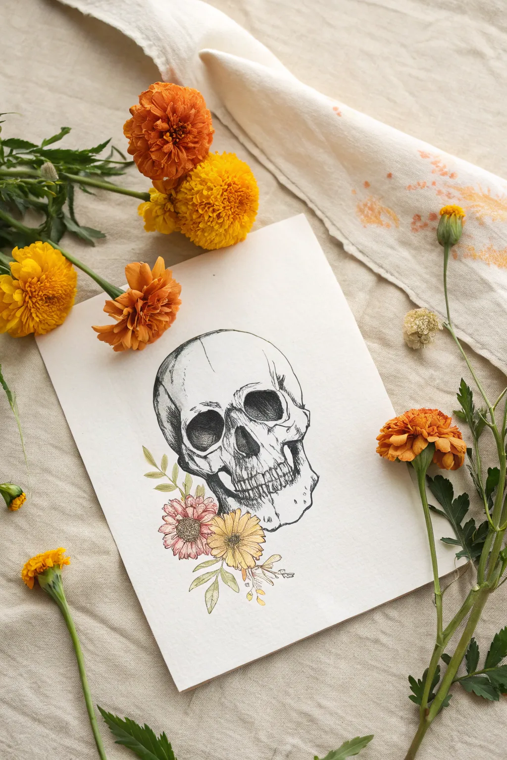 Minimal line calavera with marigold watercolor blooms, airy modern Day of the Dead art