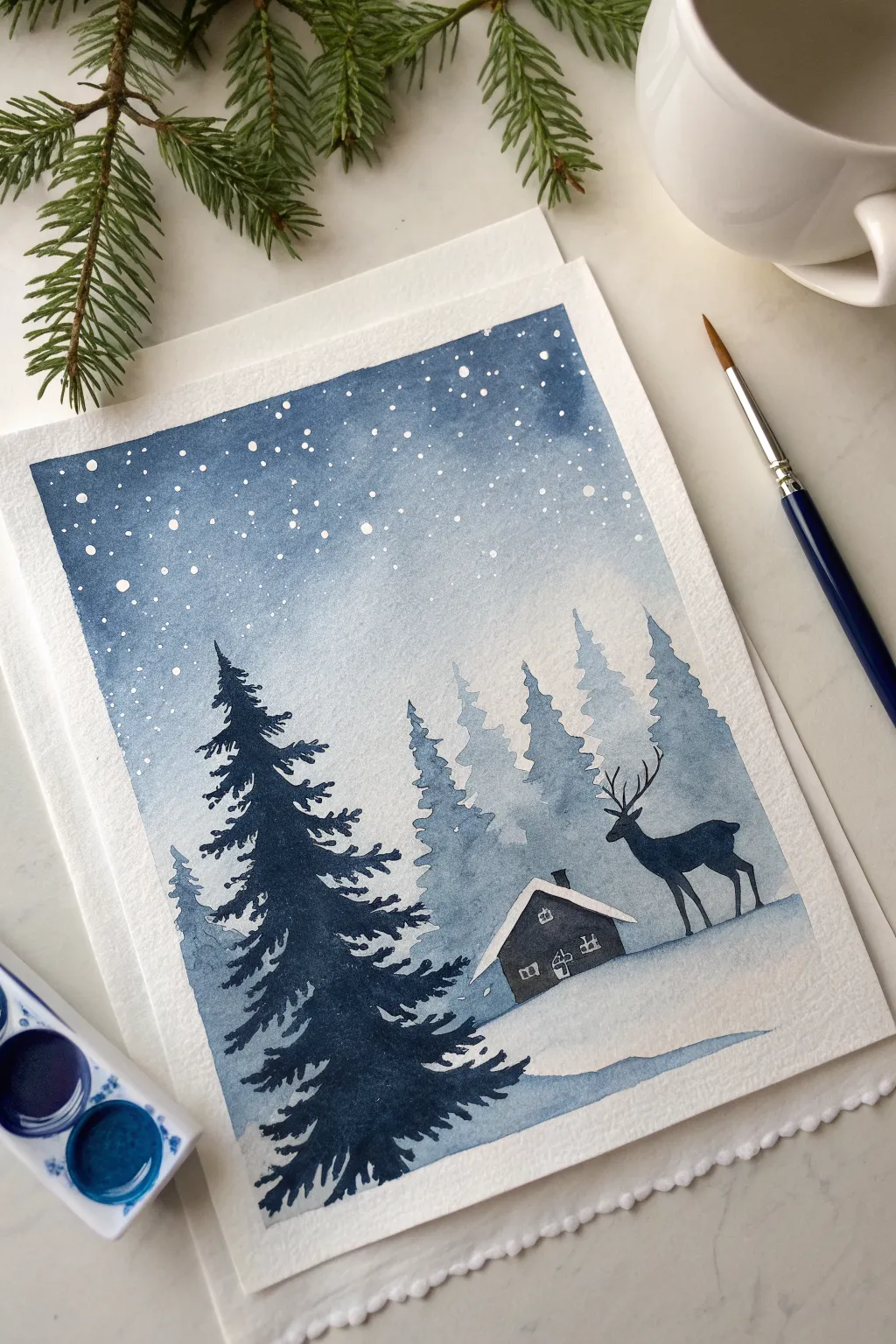Monochrome ink wash silhouettes with crisp white snow shapes for a calm December sketch idea