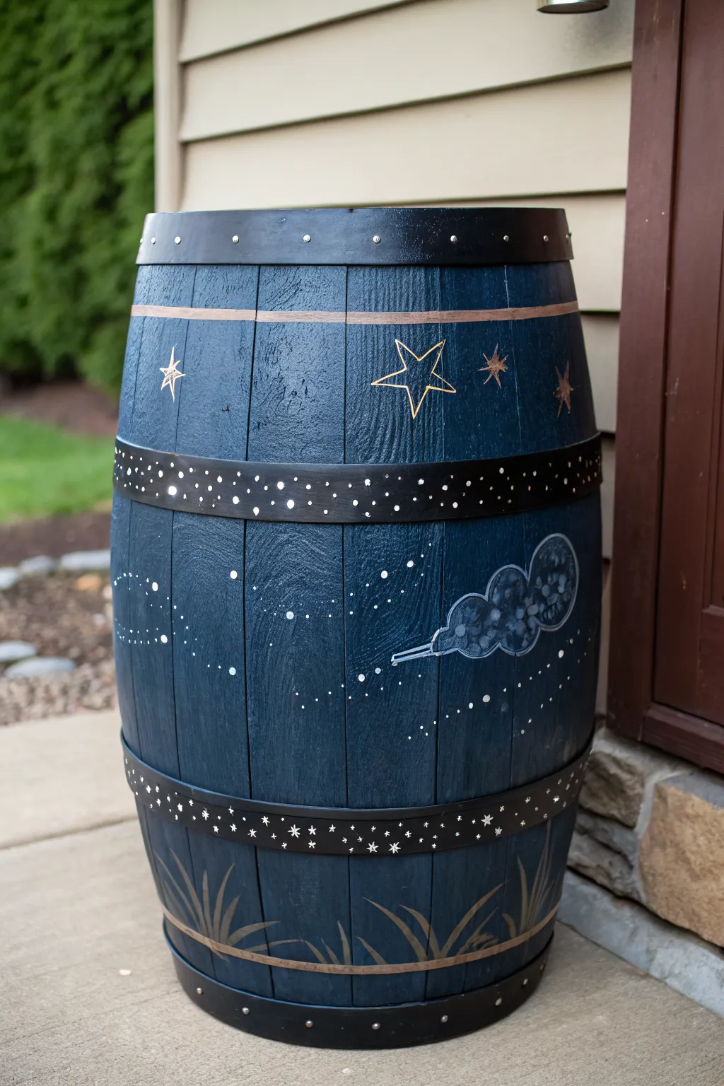 Glow-at-dusk barrel with fireflies and star speckles, cozy minimal boho garden magic