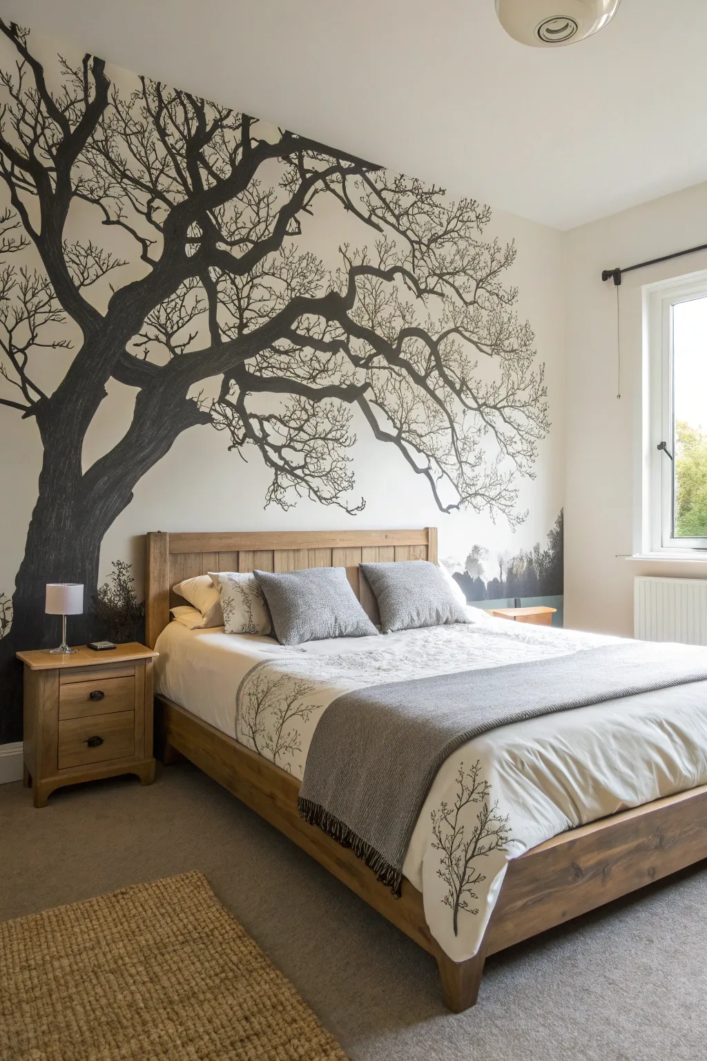 Minimalist tree branch silhouette mural creates a calm, high-contrast feature wall behind the bed