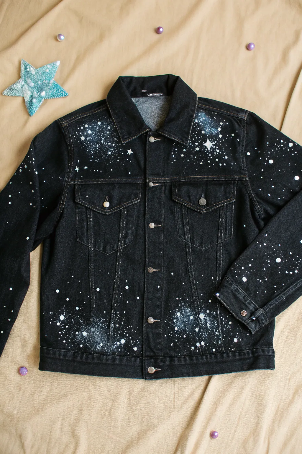 Turn black denim into a dreamy galaxy with simple white splatters and a few bold stars.