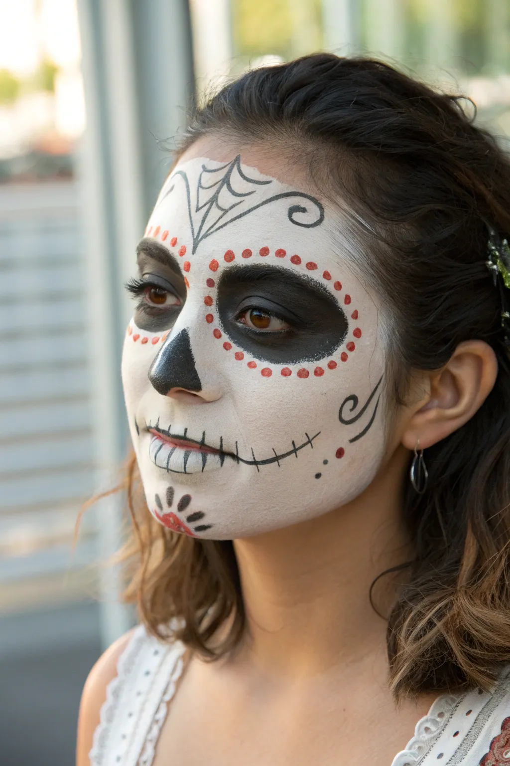 Elegant calavera makeup with crisp papel picado borders, minimalist and boho-inspired.