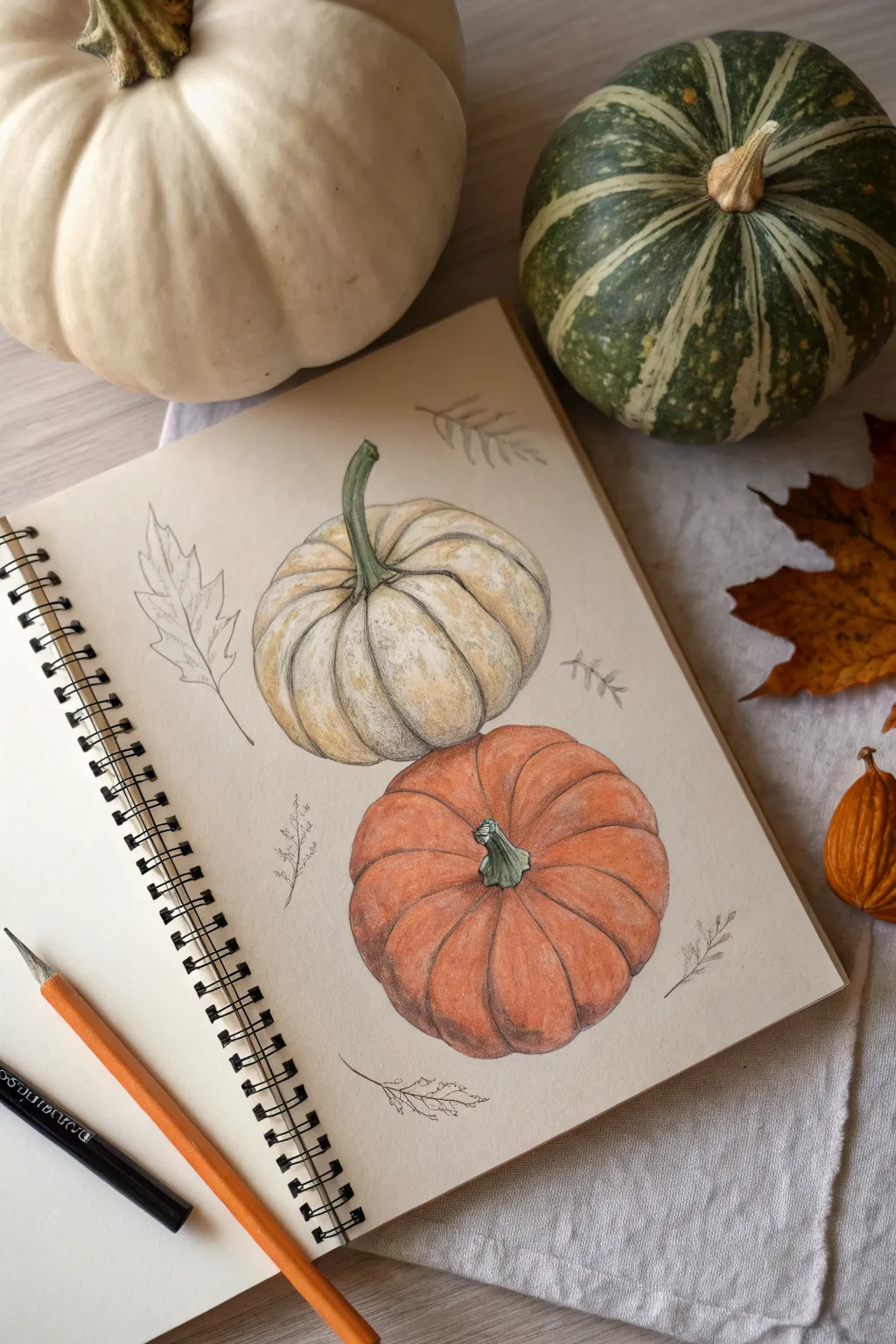 Overlapping pumpkins make depth easy: background, middle ground, and foreground with simple color shifts.