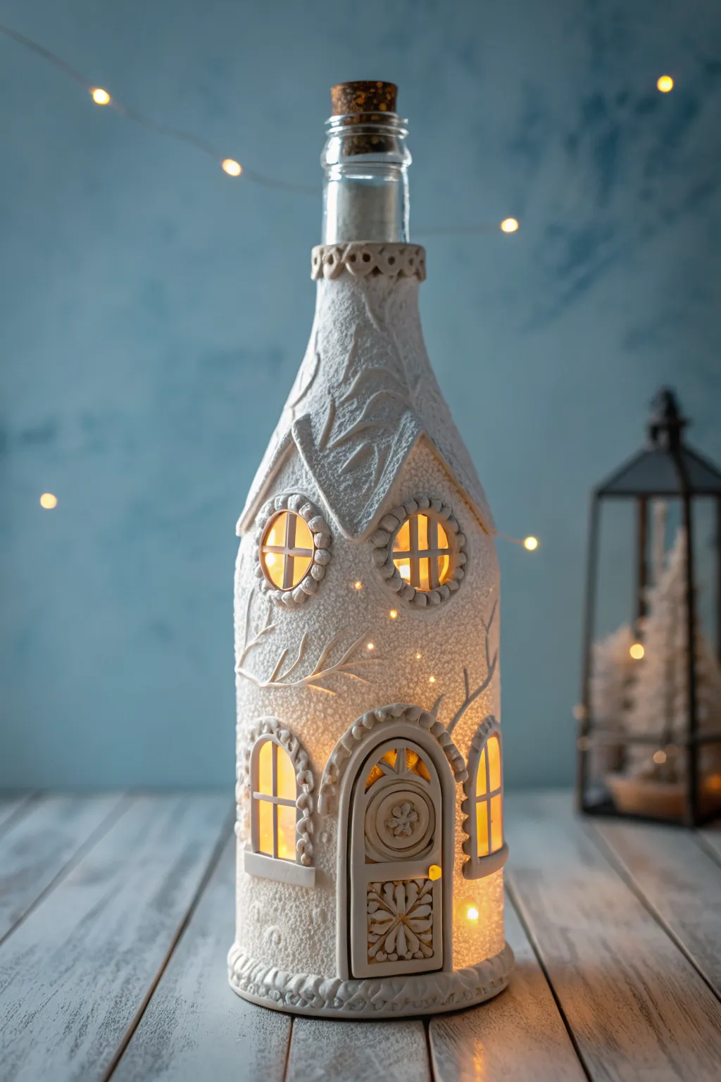 A simple bottle becomes a glowing fairy house lamp for cozy Scandinavian-boho evenings