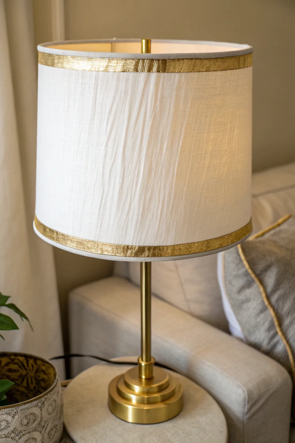 Matte painted lampshade with slim metallic rims that catch the light for a cozy, modern glow.