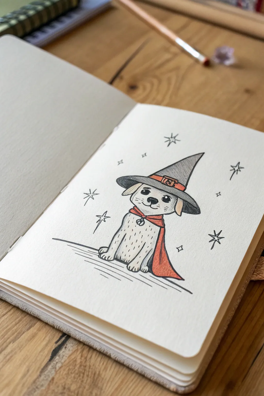 Whimsical wizard pup drawing idea with bold shapes, high contrast, and minimalist boho charm