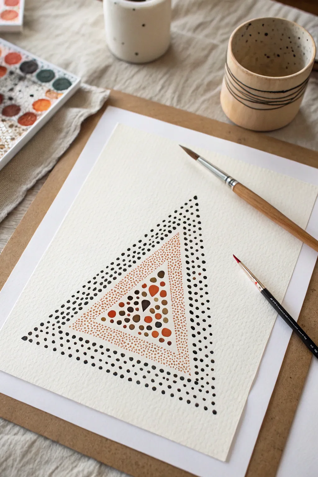 Satisfying resist dot art reveal: crisp triangle masked with tape amid delicate dotted texture.