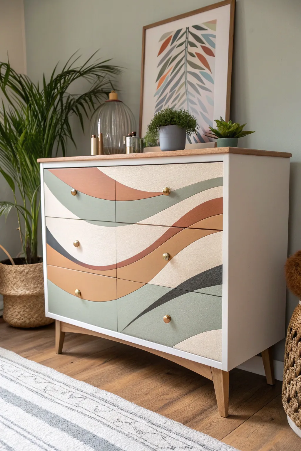 A continuous hand-painted mural that aligns across every drawer for a calm, crafted focal point.
