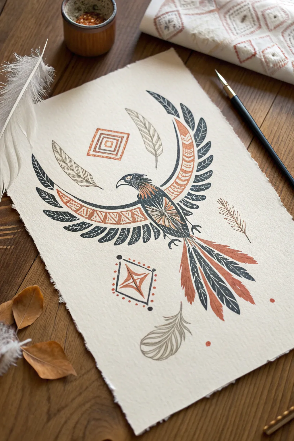 Mythic bird sketch idea with bold patterned wings and sweeping decorative tail feathers