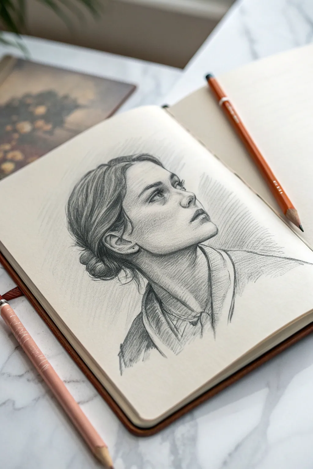 One-color character sketch in graphite and terracotta for a calm minimalist boho mood.