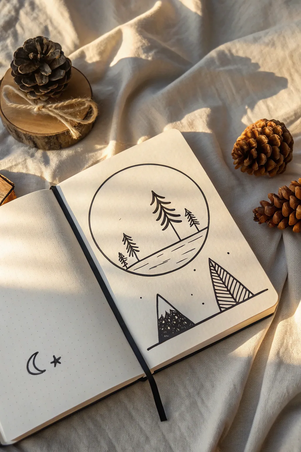 Simple circle-frame landscape doodle with pine triangles and a tiny sun, perfect for beginners.