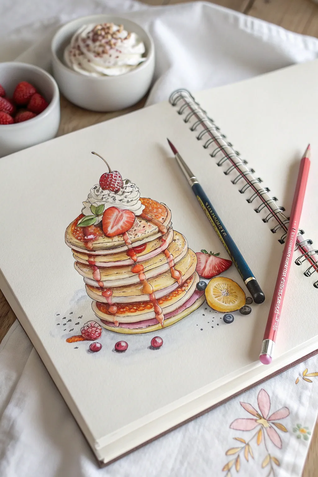Bright layered pancake stack drawing with syrup drips and fun textures, an easy idea for 12-year-olds.