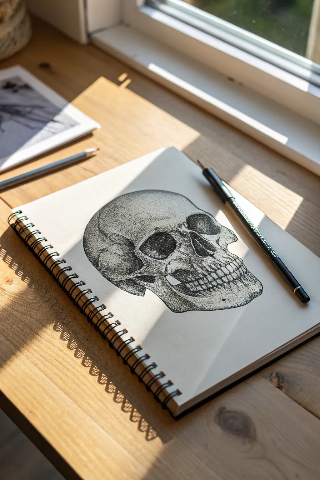 Close-up skull study built only with stippling and hatching, perfect for advanced mark control.