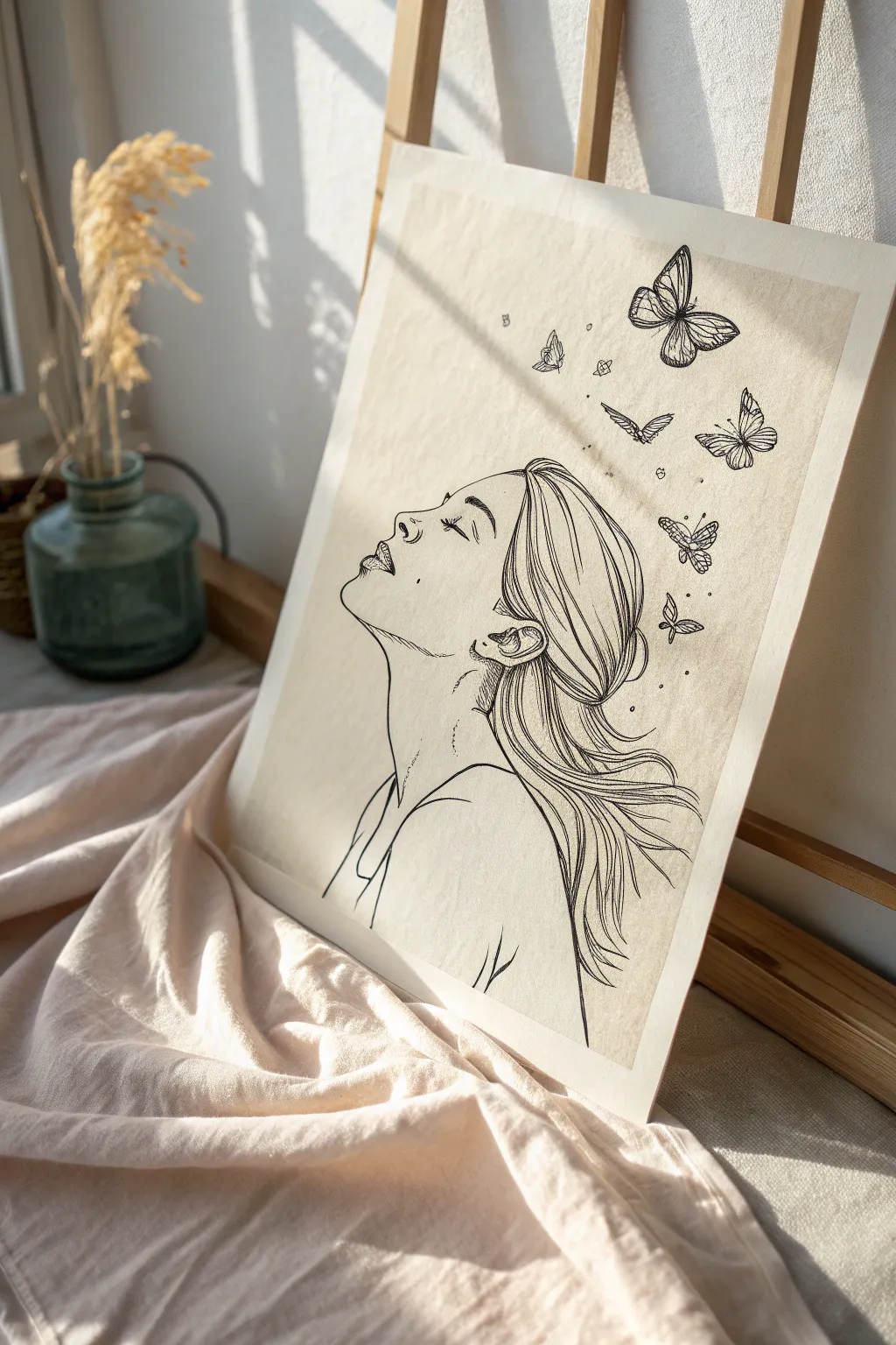 Dreamy line art girl gazing up as butterflies drift above, minimalist Scandinavian boho mood.